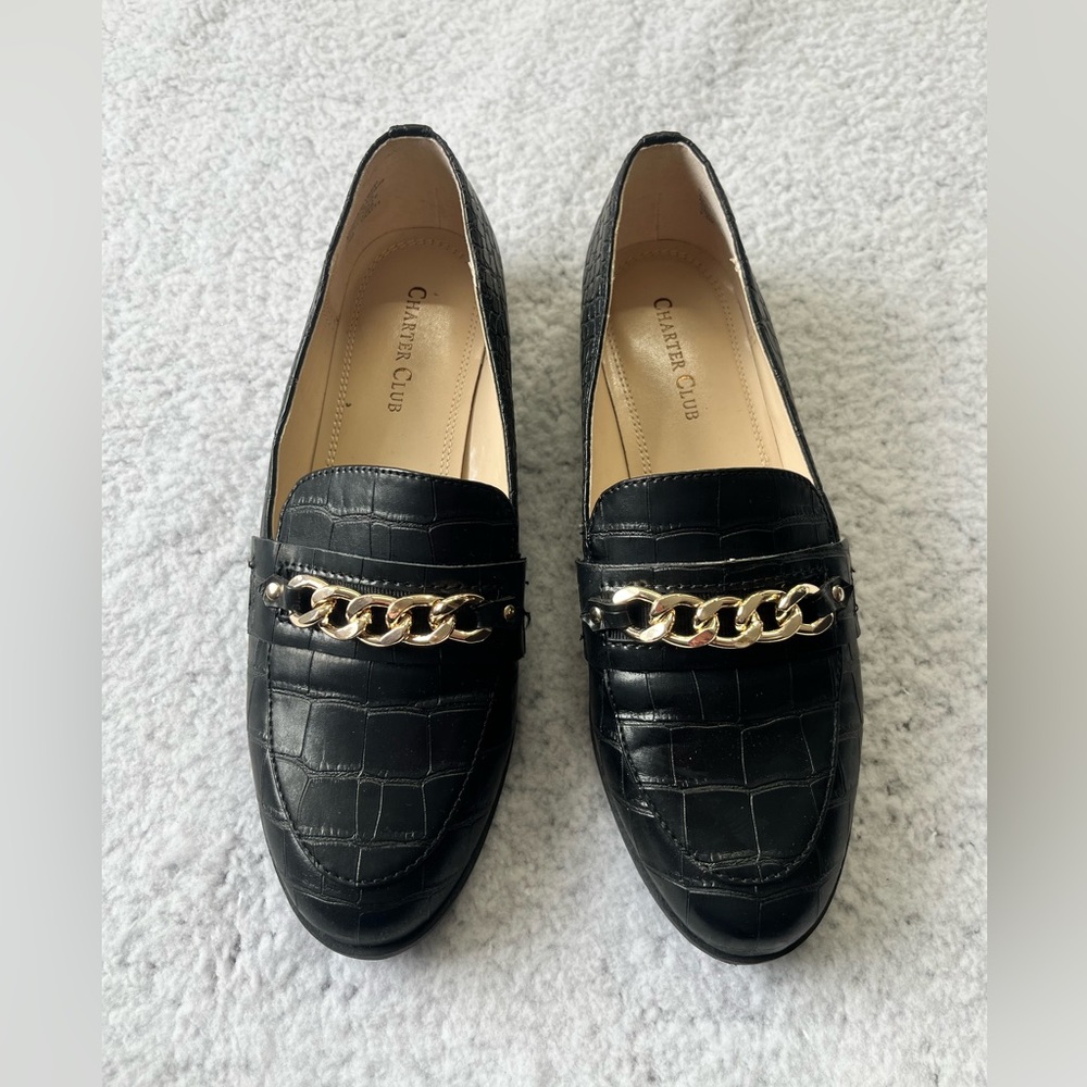 Women's Charter Club Black Croc Kattelle Flat Slip On Loafters Size 7.5 M